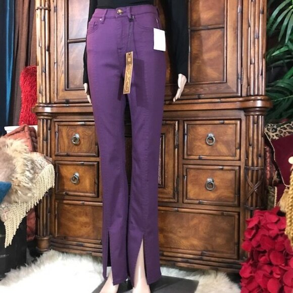 DG2 Pure Purple Front Slit Center Seamed Stretch Cotton Blend Bootcut Jean - Picture 2 of 10